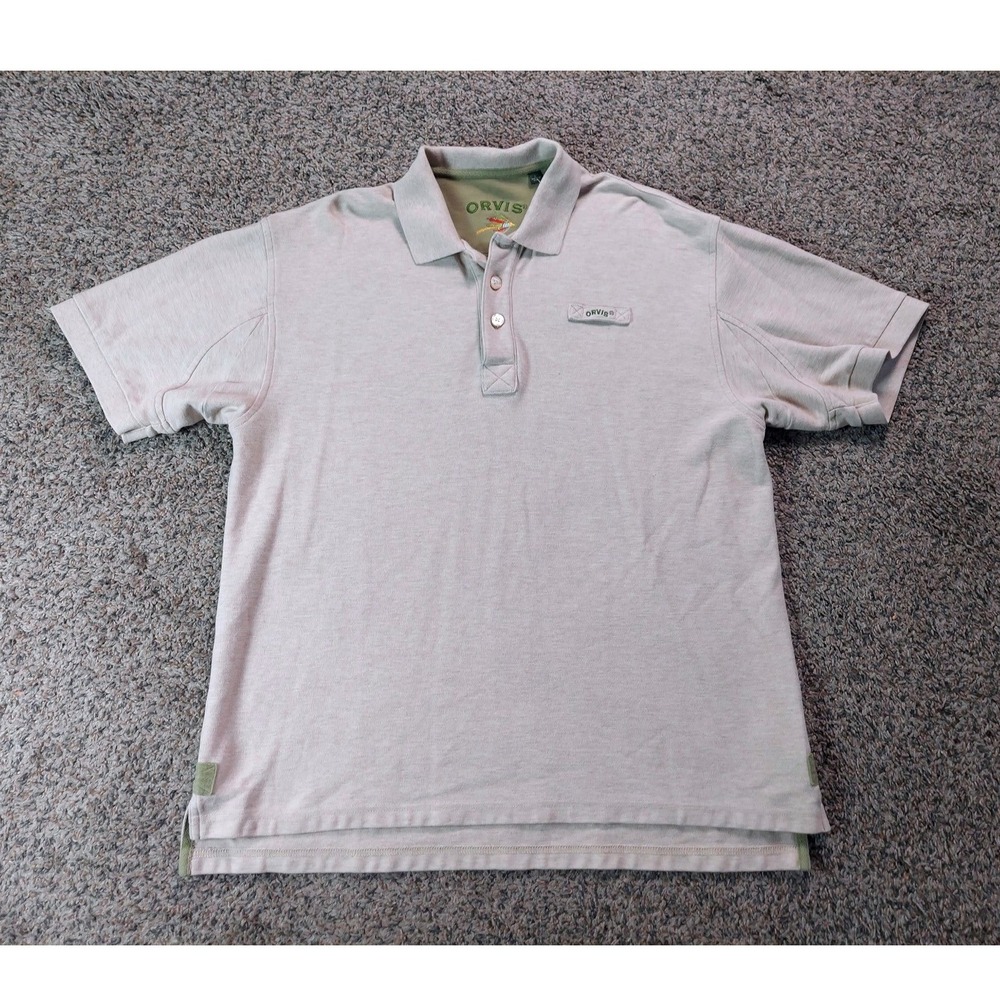 Orvis Short Sleeve Polo Shirt L Tan Mens Casual Outdoor 100% Cotton Pique Logo